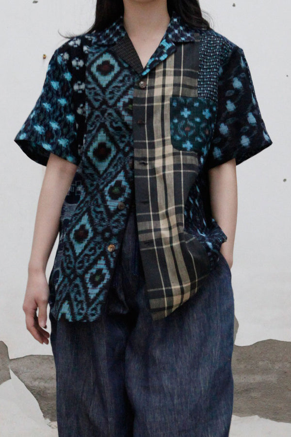 AVIVA JIFEI XUE Blue Antique Fabric Panel Short Sleeve Shirt S22-PSS(2) PAJX1